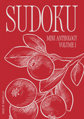Sudoku mini anthology volume 1 cover with red background and white illustrations of fruits and leaves.