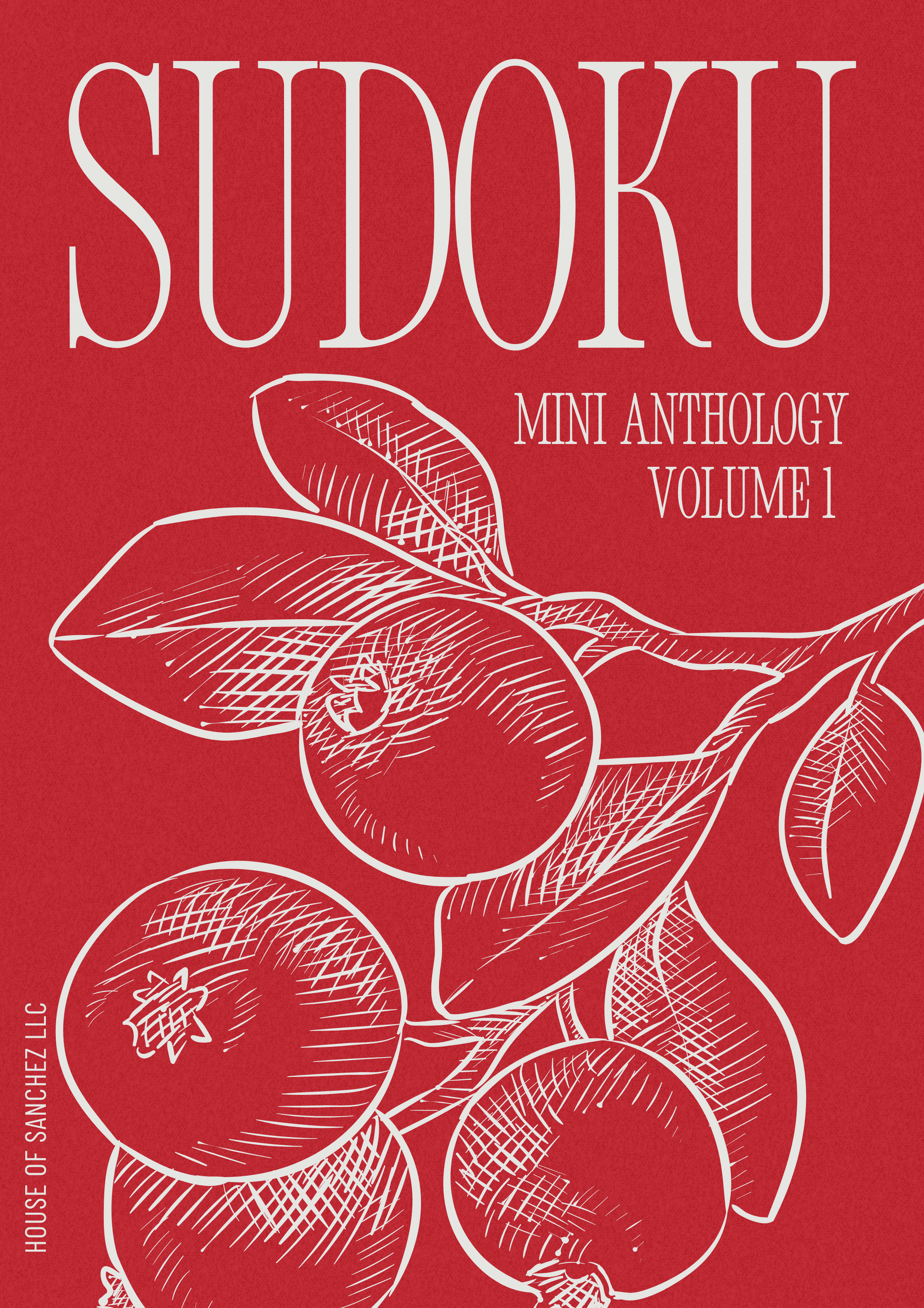 Sudoku mini anthology volume 1 cover with red background and white illustrations of fruits and leaves.